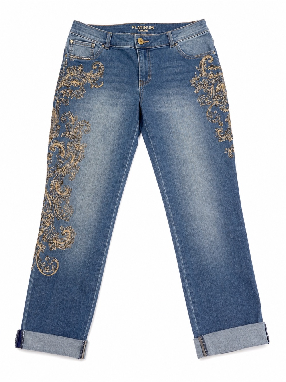 Chico’s Platinum Embroidered Jeans Size 0.5 Regular Crystal Button Cuffed - Picture 1 of 4
